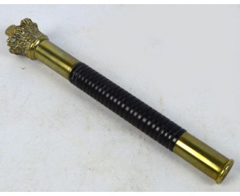 A Victorian brass mounted tipstaff with crown finial, turned ebony grip and brass tubular socket top and bottom, length 21.5c