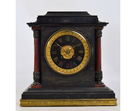 A late 19th century slate mantel clock with rose marble column decoration above plinth bearing quotation "To everything there