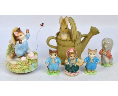 Four Beswick Beatrix Potter figures; "Timmy Tiptoes", "Cousin Ribby" and 2x "Tom Kitten", also a ceramic musical figure playi