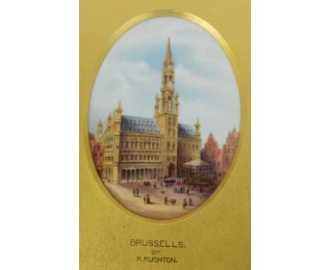 A Royal Worcester oval plaque hand painted by Raymond Rushton with "The Hotel De Ville, Brussels", puce mark to the reverse, 