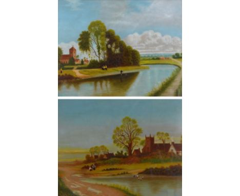 E. HUDSON; pair of Victorian oils on board, both depicting rural scenes with a river and church, both signed and bearing Aust