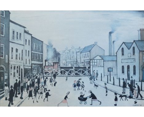 LAURENCE STEPHEN LOWRY (1887-1976); a signed limited edition coloured print, "Level Crossing, Burton-upon-Trent", signed in p