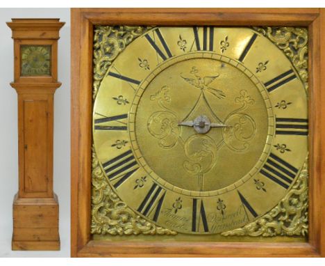 An 18th century 9" brass longcase clock dial and movement inscribed "Thomas Dadswell, East Grinstead" with thirty hour moveme