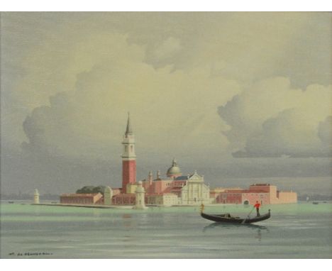 PIERRE DE CLAUSADE (1910-1976), oil on canvas "San Giorgio Maggiori", Venetian scene with figure punting a gondola in the for