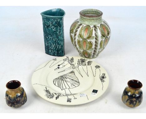 A Bourne Denby Glyn Colledge vase, a Poole aquatic vase, a modern Poole charger and a pair of Lancastrian Pottery bottle vase