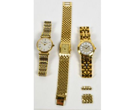 Three stainless steel gold plated lady's wristwatches comprising a LONGINES, the circular dial set with Roman numerals, ROTAR