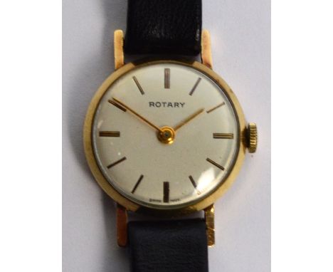 ROTARY; a 9ct yellow gold cased lady's wristwatch, the brushed dial set with baton numerals, on leather strap, diameter of di