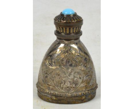 An Italian silver combination scent bottle, lipstick holder and patch box, the hinged lid set with a turquoise coloured round