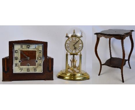 An Art Deco style oak cased mantel clock, the squared silvered chapter ring set with Arabic numerals, width 26cm, a Kundo ann