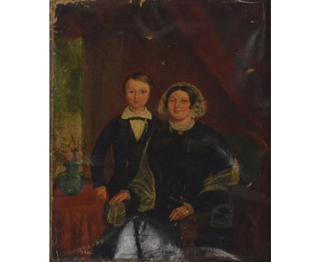 MID 19TH CENTURY ENGLISH SCHOOL; oil on canvas, portrait of mother with boy, unsigned, indistinctly inscribed verso, 44 x 36c