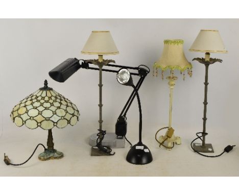 A pair of metal table lamps in the form of a flower stem, two desk lamps (one boxed), a metal lamp base with a glass shade, a