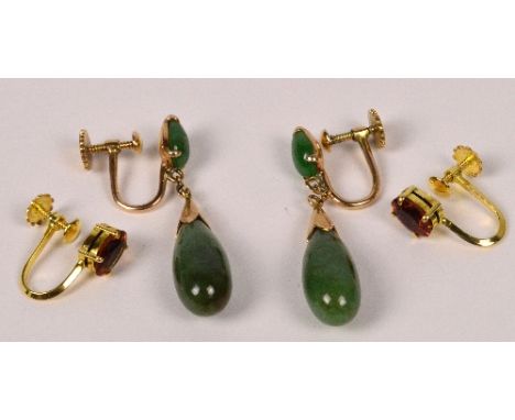 A pair of 14ct yellow gold and jade drop ear clips with screw backs, length 3.7cm, and a further pair of gold ear clips, appr