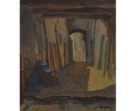 R. GUIY; watercolour, Continental courtyard, signed, 41 x 32.5cm, framed and glazed. (D) CONDITION REPORT: Appears good with 