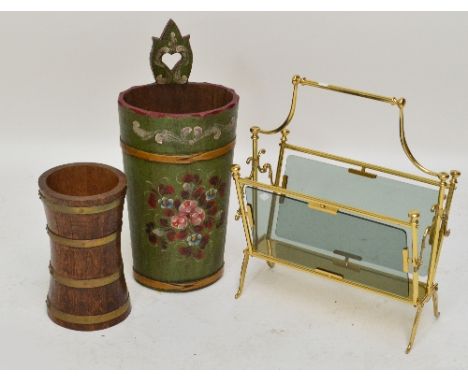 A brass and glass magazine rack with central handle, length 45cm, a coopered brass banded stick stand, height 33cm and a furt