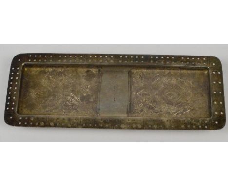 A Victorian hallmarked silver rectangular card tray/cribbage board engraved with two Goodall of London playing cards, the bor