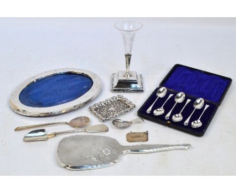 A mixed lot of silver comprising a Victorian hallmarked silver single stem epergne on spreading square base with bead decorat