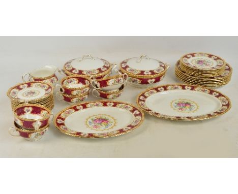 A Royal Albert "Lady Hamilton" six setting dinner service comprising twin handled sugar bowls with saucers, dinner plates, sa
