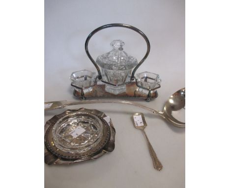 A Victorian silver ashtray, London 1889, a silver and glass butter dish, Birmingham 1952, jubilee marked, a silver jam spoon,