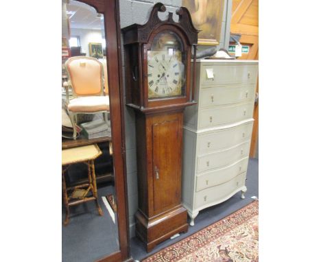 William Latch oak long case clock with swan neck pediment and painted dial, 197cm high  