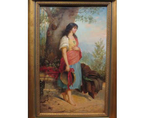 A Vacano (Italian, 19th Century) A barefoot Italian dancer with a tambourine, a lute beside her signed lower left "A Vacano" 