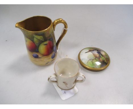 A Royal Worcester small jug painted with fruit and signed by W (Walter) H Austin, a small circular lid painted with birds sig