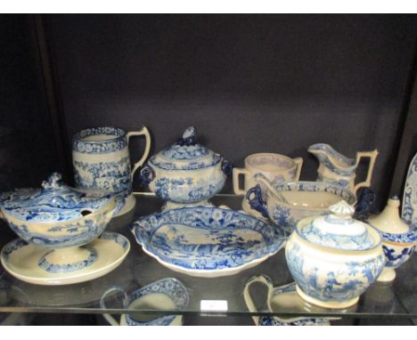 A collection of 19th century Staffordshire blue and white transfer printed pottery, to include a North Eastern moulded mug pr