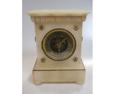 An alabaster case mantel clock with visible movement, 27 x 19cm  