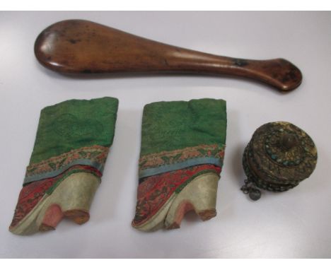 A pair of Chinese silk Ladies shoes, a cased set of opium scales and a Tibetan prayer wheel (3)  