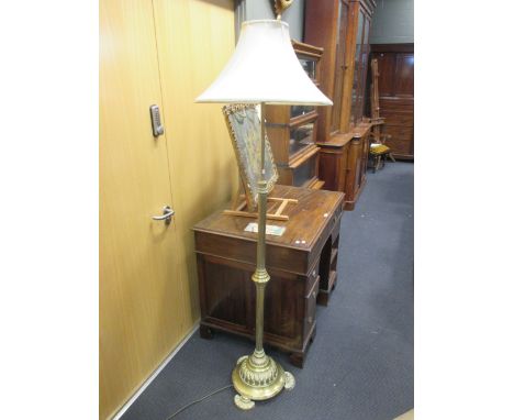 A brass floor standing lamp with reeded column and shade, 158cm without shade  