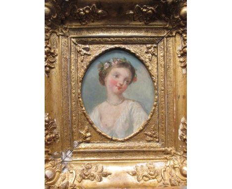 Attributed to Alfred Joseph Woolmer (British, 19th Century). Portrait of a young girl, head and shoulders, with flowers in he