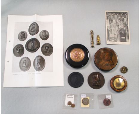 Of Napoleonic interest, a collection of boxes and medallions, including a Leeds Pottery black medallion 57mm diam., a circula