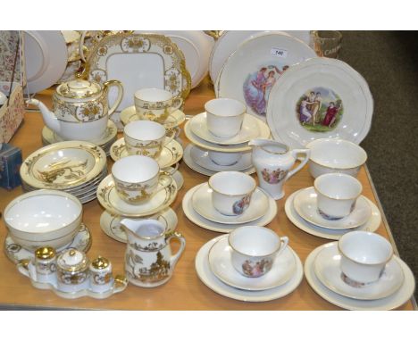 A Continental porcelain part tea service printed with a classical scene after Angelica Kaufman; a Noritake part tea service, 