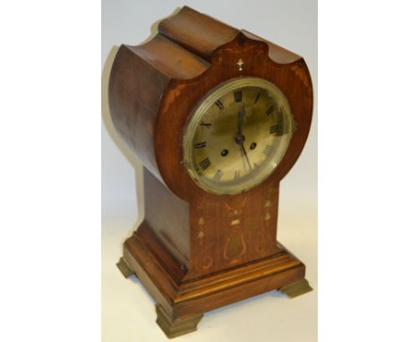 An Edwardian mahogany mantel clock, inlaid with Mother of Pearl, brass dial c.1910
