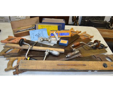 Tools - a record improved combination plane 050 with ensuite profiled blades; handsaws, various makers; three sash clamps; tw