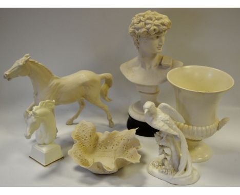 A Beswick horse, in the white, raised foreleg; a Royal Worcester Phaethon, in the white; a Wedgwood Campana shaped vase; a ch