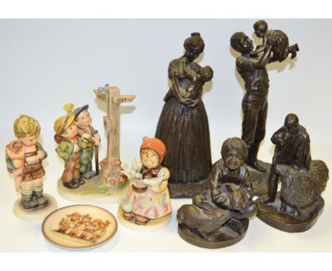 A Hummel figure, Feeding the Birds; others, The Hikers; Little Scholar; a bronzed resin figure, The Shepherd, others, Pet Rab