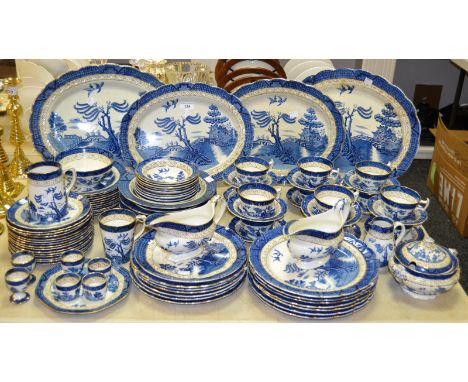 Blue and White Ceramics - Booths Real Old Willow pattern part dinner and tea service, consisting of meat plates, soup dishes,