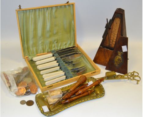 Ephemera - an early 20th century metronome ; a brass candle snuffer and tray; coins;  etc 