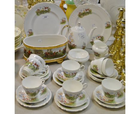 A Staffordshire part tea service printed with a Hunting scene; a Staffordshire jardiniere printed with a Hunt scene