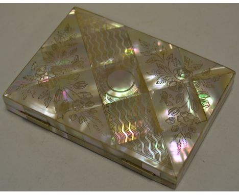 A 19th century mother of pearl rectangular visiting card case, veneered overall with lozenges and engraved with an engine-tur