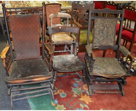 Two American rocking chairs; a mahogany commode chair; two bar back chairs; etc (11) 