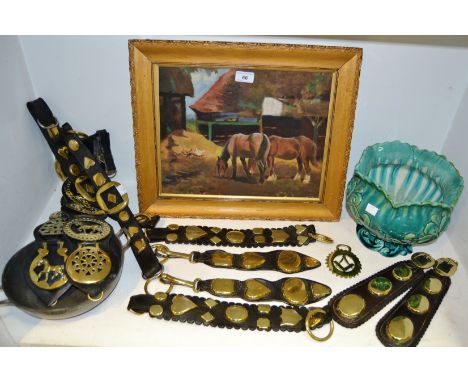 A Palissy jardiniere; a pewter two handled bowl; Horse brasses; decorative print, Horses , framed