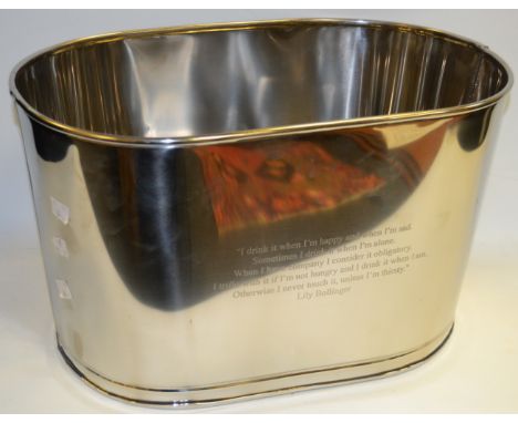 **Oak and Country**A contemporary chrome reproduction champagne trough, inscribed with Lily Bollinger quote 'I drink it when 