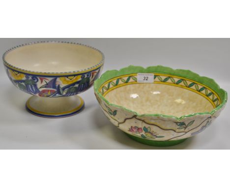 A Poole pedestal bowl, typical decorated; a Crown Ducal bowl (faults) (2)