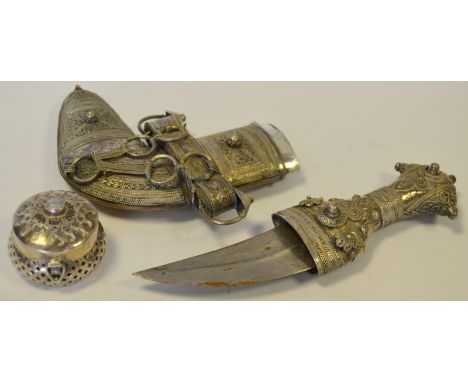 A 19th Century Indian white metal Jambiya; a white coloured trinket pot, inset moonstone, stamped 925