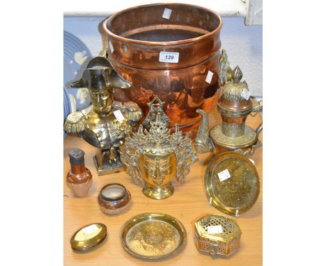 Boxes & objects - a salt glazed silver topped wig duster, dated 1883; a copper fuel bin with brass lion masks handles; a bras