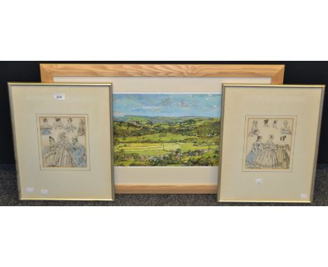 Ladies of Fashion, a pair, coloured prints, 19cm x 16cm, framed;  Martin Devitt?, THe Hope Valle, Derbyshire, cpoloured print