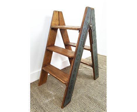 STEP LADDER, vintage style with champagne label painted detail, 82cm H x 43cm x 68cm.