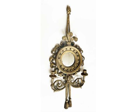 GIRANDOLE, late 19th century Regency style carved giltwood with convex 'ball' mirror, fleur-de-lis, bows, ribbons and tassels