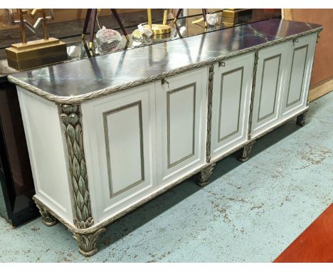 SIDEBOARD, 1970s Venetian style, 236cm x 48cm x 86cm, faux marble top, palm fond detail, central compartment with 5 drawers, 